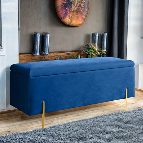 Harveys Living Ottoman Storage Box - Engineered Wood Luxurious Plain Plush Velvet Ottoman Storage Bench (Blue, Plain)