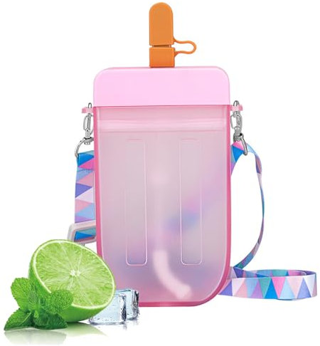 Licsaliwe Popsicle Water Bottle with Straw Cute Ice Cream Drink Bottle Leakproof Plastic Juice Drinking Cup 300ml