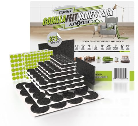 Slipstick Gorilla Felt Furniture Pads (375 Piece Variety Pack) Premium Furniture Pads & Chair Leg Floor Protectors for Hardwood Floors & Hard Surfaces