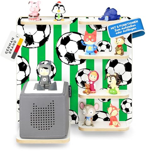 stadtecken Holzregal für Musikbox – Passend für Toniebox & ca. 40 Tonies | Perfekte Aufbewahrung fürs Kinderzimmer | Zum Aufhängen | Erweiterbar (Fußball)