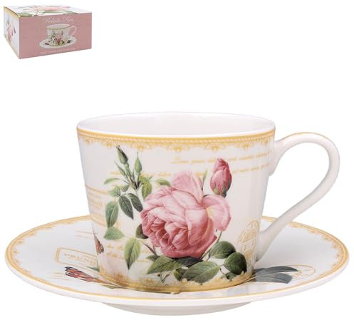 The Leonardo Collection Redoute Rose Cup & Saucer Pierre-Joseph Redoute for Hot & Cold Drinks | Durable Coffee Cups for Home & Office | Comfortable & Easy-to-Hold Coffee Mug