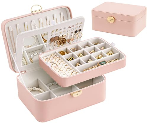 Lolalet Boîte à Bijoux Fille 4 Couches en Cuir PU avec Miroir - Rose Clair | Organisateur pour Colliers, Boucles d'Oreilles, Bracelets et Bagues, Idéal comme Cadeau pour Filles et Femmes