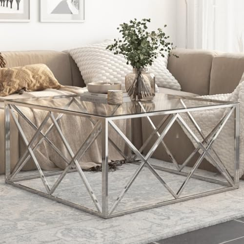 Gecheer Couchtisch, Beistelltisch mit Glasplatte, Sofatisch Tisch mit Edelstahlgestell, Pflegeleicht Kaffeetisch Teetisch, Silbern Edelstahl Hartglas/ 349977