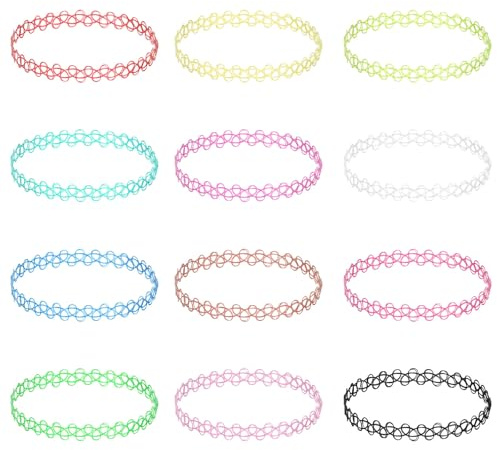 Hauojaus 12 Stück Tattoo Kette 90er Accessoires Set, Elastische Choker Kette Damen, Schwarz Edition, 30 cm/13.78 inch (Dehnbar) Schmuck für Alle Frauen, Teenager, Mädchen Party Festival Alltag