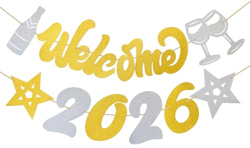 Koboko Silvester Deko 2026 Girlande, Happy New Year 2026 Banner, Gold Silber Glitzer Girlande Silvester Dekoration, Happy New Year Deko Banner Girlanden, Hängende Dekoration für Neujahrsdeko Silvester