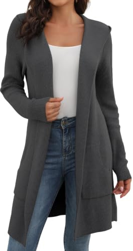 JUOIANTANG Damen Lange Strickjacke mit Kapuze und Taschen | Langarm, Grobstrick, Einfarbige, Herbst & Winter, Frauen Strickjacken