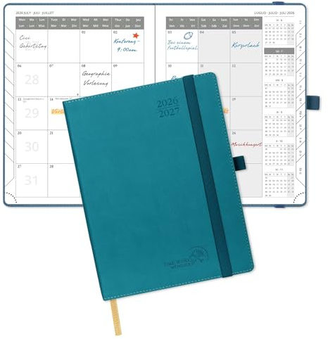 POPRUN Kalender 2026 2027 Softcover Monatsplaner ca.A5(21,8 x 16,4cm) | 18 Monate Monatskalender,(Jul.2026-Dez.2027),mit PU-Leder,1 Monat 2 Seiten,100 GSM Papier(Pazifikgrün)