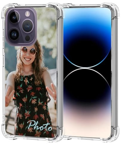 AESTHESTIFY Individuelle transparente Schutzhülle für iPhone 14 Pro, personalisiertes Bild/Name/Logo, dünne Handyhülle, weiches Airbag-Kissen, Stoßschutz, transparente Hülle