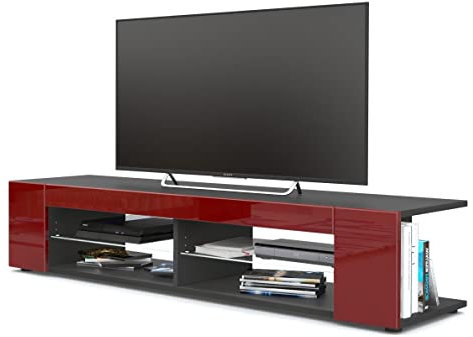 Vladon Buffet Bas Movie, Meuble TV avec 4 Compartiments Ouverts et placages décoratifs, Noir Mat/Bordeaux Haute Brillance (134 x 29 x 39 cm)