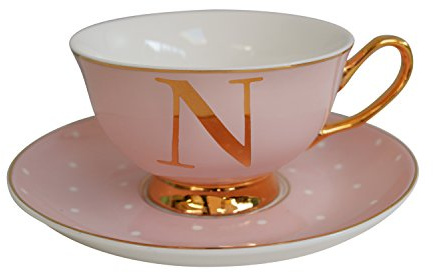Bombay Duck Letter N Alphabet Spotty Teacup and Saucer, Rose Pink