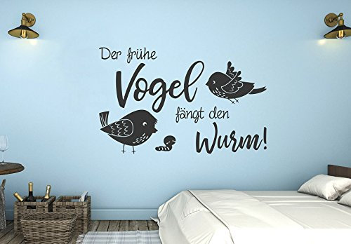 tjapalo® s-pkm335 Wandtattoo Wohnzimmer Schlafzimmer mit Wandspruch Sprüche der frühe Vogel fängt den Wurm (B58 x H33 cm)