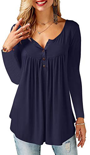AMORETU T-Shirt Damen V-Ausschnitt Knopfleiste Bluse Solide Tunika Sommer Tops , Langarm-marineblau, XL/DE 50-52
