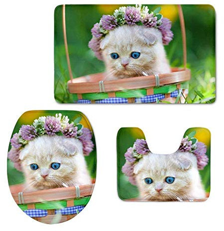 RedBeans 3-teiliges Badezimmerteppich-Set mit Katzen-Motiv, inkl. Konturmatte, Deckel, WC-Bezug und Anti-Rutsch-Badematte