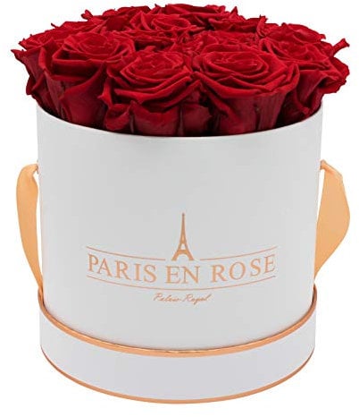 PARIS EN ROSE Rosenbox | mit 14 Bordeaux-roten Infinity Rosen Größe XL | konservierte ewige Rose | runde Weiß-Roségold Box | 3 Jahre haltbar | Grußkarte