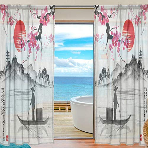 BKEOY Rideaux en voile transparent vintage japonais aquarelle pour la maison, le salon, la chambre à coucher, la porte, la cuisine, 140 x 198,1 cm, 2 panneaux, Polyester, multicolore, 55 x 84 inches