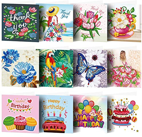 OmeHoin 5D DIY Diamond Painting Karten, 12 Stück Grußkarten, Geburtstagsgrußkarten, kreatives Geschenk für Frauen, Feiertags-Dankeschön-Grußkarten für Familie, Freunde, Liebhaber