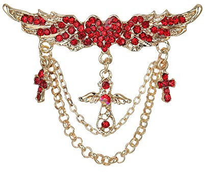 EVER FAITH Engelsflügel Kreuz Brosche mit Quastenkette Strass Kristall Anstecknadel für Frauen Mädchen Rot Gold-Tone