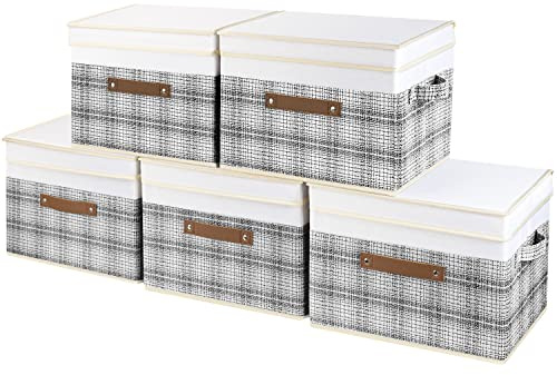 TYEERS Faltbare Aufbewahrungsbox mit Deckel, Stoff, Patchwork-Design, Kisten Aufbewahrung mit Deckel, 38x25x25 cm, 5-Stück, Grau