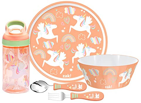 Zak Designs Juego de vajilla de 5 piezas, unicornio, plástico duradero y acero inoxidable, incluye botella de agua, plato de 8 pulgadas, cuenco, tenedor y cuchara de 6 pulgadas, adecuado para niños a