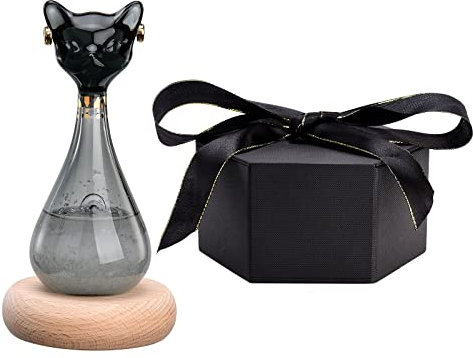 Sempoda Sturmglas-Wettervorhersage, Barometer-Flasche mit Holzsockel, Kristall-Katzenform, Glas-Wetterstation, Wettervorhersage für Zuhause, Büro, Desktop-Dekoration, einzigartiges Geschenk, schwarz
