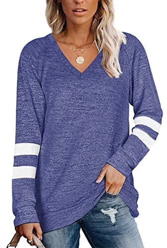 Famulily Womens Fall Tops Long Sleeve V-Neck Striped Shirts Loose Casual Blouse Tee Wear Alone Blue L