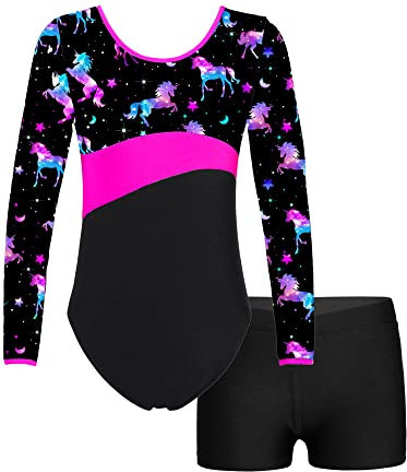 iEFiEL Mädchen Einhörner Turnanzug Langarm Glänzend Gymnastik Kleidung Set Muster Ballett Trikotanzug Tanzkostüme Langarmbody mit Shorts Ub Schwarz + Rosa 122-128