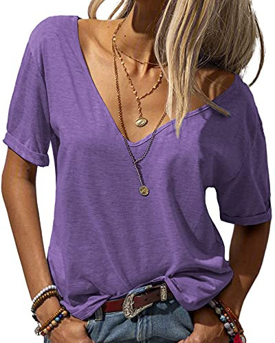 Tankaneo Damen Mode tief V-Ausschnitt Kurze Ärmel Tops Solide Lässig Lose Basic T Shirt Violett XL