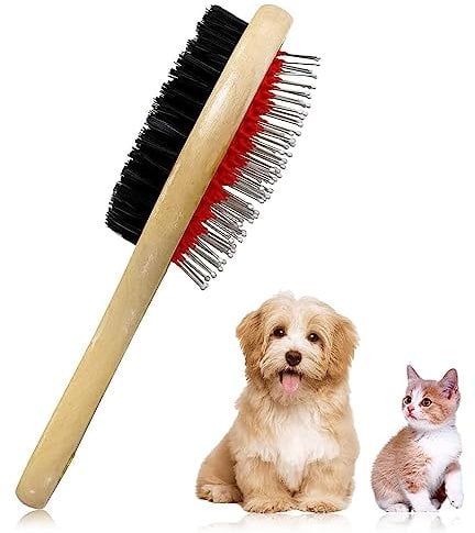 Dog Brush Double Sided Wooden Dog Brushes for Grooming Messaging & Cleaning 2 in 1 Pin & Bristle Soft Pet Hair Brush for Dogs & Cat Long or Short Haired