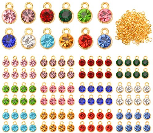 URROMA 96 Stück Geburtsstein-Charms Perlen Anhänger 12 Farben für die Herstellung von Schmuck - Kristall Charms für Halskette Armband, Metall