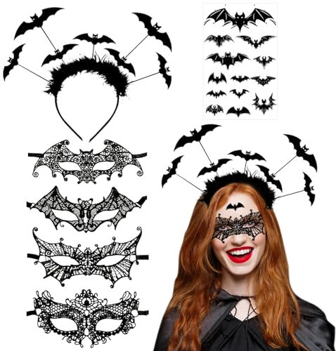 Leeelyan 6 Stück Halloween Haarreif Fledermaus/Spitzen Maske/Tattoos Aufkleber Halloween Kostüm Accessoires Set Für Damen Kinder Deko Für Halloween Fasching Karneval(Schwarz)