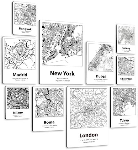 Giallobus - Conjunto de 10 Pinturas de Paneles múltiples - Ciudades - Mapas 01 - Madera de MDF - | 2 x 42x29,7cm | 4 x 29,7x21cm | 4 x 21x14,85cm | - Listo para Colgar - Cuadros