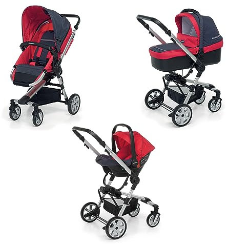 Foppapedretti Trio Supertres I-Size, Sistema Modulare Combinato per Bambini, Navicella Passeggino e Seggiolino auto I-Size, Maniglione e Poggiagambe Regolabili, conforme ECE R129, Denim Rosso