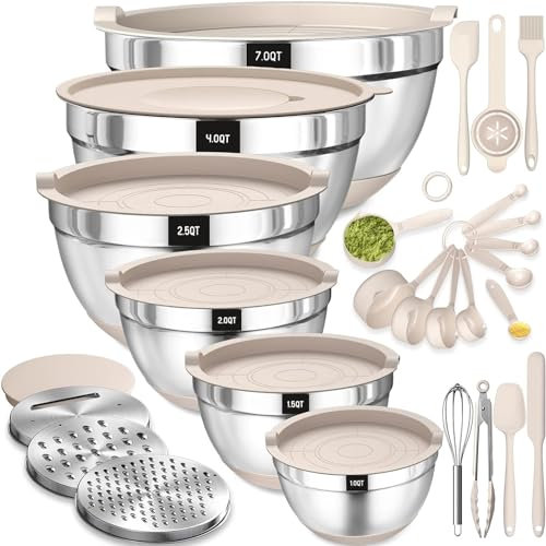Terlulu Lot de 6 saladiers en acier inoxydable avec couvercle hermétique et fond en silicone, 3 embouts râpes, pour pâtisserie/servir, 6,6 l, 3,8 l, 2,4 l, 1,9 l, 1,4 l, 0,6 l, kaki