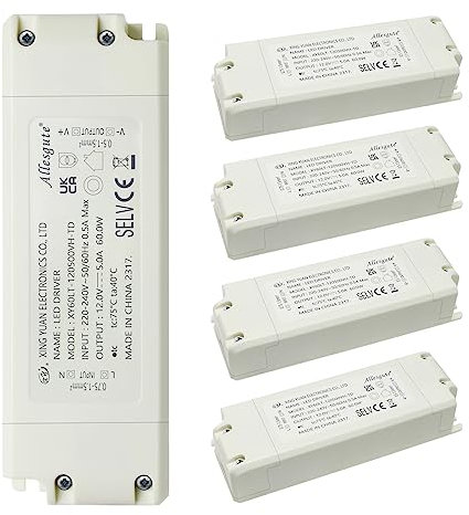 5er LED Trafo 12V 60W 5A Netzteil, Trafo 230V auf 12V Treiber, LED Transformator 12V Kein Flimmern für G4, MR11, GU5.3, MR16 Lampen, Lichtstreifen