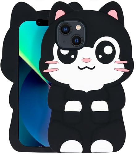 Dumkery Cute iPhone 13 Case, Pocket Cat iPhone 14 Case, Kitty Cat Funny 3D Cartoon Animals Kitten Soft Silicone Shockproof Cases Cover Skin for Girls Kids Women Children