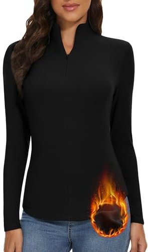 WOWENY Damen Thermo Langarmshirt 1/4 Reißverschluss Fleece Gefüttert Oberteil Stehkragen Pullover Half Zip Sweatshirt Warm Langarm Tops[Schwarz,S]