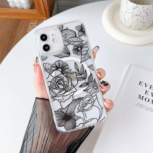 XIZYO Clear Rose Flower Magnetic Case for iPhone 11, Black | Compatible with MagSafe, Cute Aesthetic Floral Pattern, Transparent Shockproof Cover, Soft TPU,Luxury Girly Design,Slim Thin