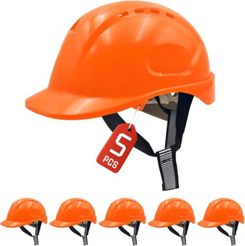 Bauhelm EN397, Mustbau Sicherheitshelm, Arbeitshelm Schutzhelm mit DIY Steckplätze für 53-65 cm Kopfumfang verstellbar, Sicherheitshelm mit Schweißband für BAU und Industrie (Orange, 5 Pcs)