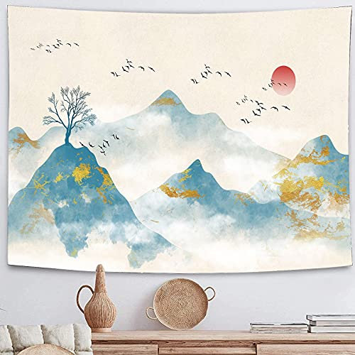 Arawat Wandteppich Morgen Landschaft Wandtuch Schwarz Weiß Wandteppich Mond Sonne Wanddeko Psychedelic Teppich Gothic Wandteppiche Trippy Tapestry Wandtuch Wandbehang Boho Wand Deko (180 x 230cm)