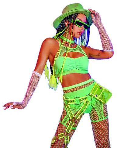 JasmyGirls Rave Outfits für Frauen Set Festival Kleidung Neon Kostüm 2 Stück Fishnet Lingerie Booty Shorts Bottom Cut out Swimsuit