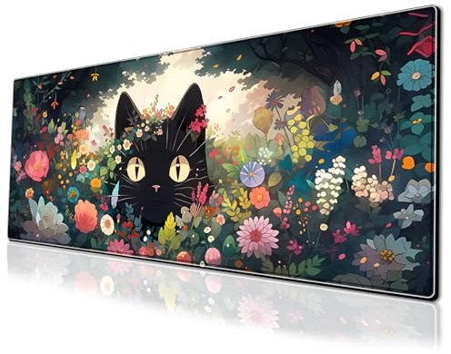 Gaming-Mauspad, Motiv: schwarze Katze, bunte Blume, große Schreibtischunterlage, 80 x 30 cm, verlängerte rutschfeste Gummiunterseite, Tastaturmatte mit genähten Kanten für Schreibtisch, Heimbüro