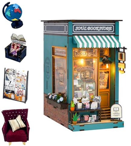 DIY Miniatur Puppenhaus Kits Soul Bookstore Book Nook Set, Puppenhaus Puzzle Modell Bücherregal Dekor Kreatives Handwerk Junge und Mädchen Geburtstagsgeschenk