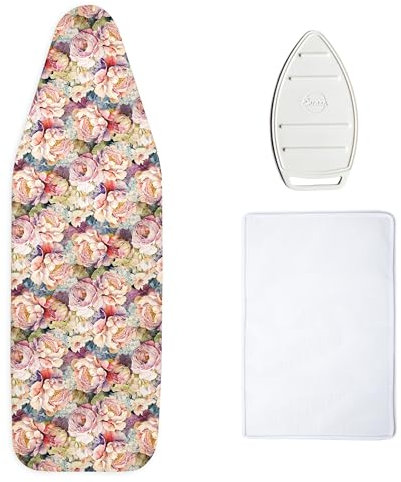 Encasa Homes Superior Copriasse da Stiro - Fiori di Campo - Largo 44x18, Feltro Extra Spesso da 4 mm, Cordino Elastico + Blocco, Poggiaferro in Silicone, Panno a Rete Resistente alle Bruciature I