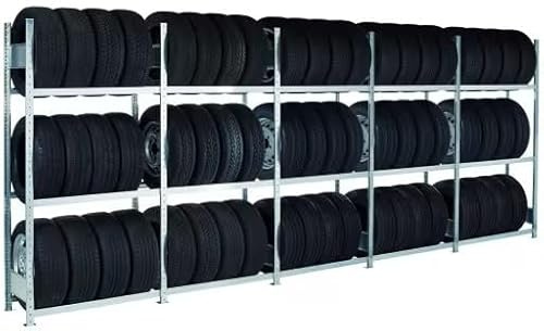 qpool24 Container-Regalset für 20-Container, 2000 x 11752 x 400 mm (HxBxT), verzinkt, 14 Felder á 1.500 mm (HxBxT) mit je 3 Reifenebenen