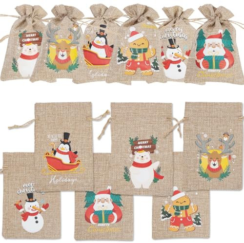 12 Stück Weihnachts-Burlap-Jute-Geschenktüten mit Zugbändern Kleine Jute-Behandlungspartytüten für Weihnachts-Partygeschenke