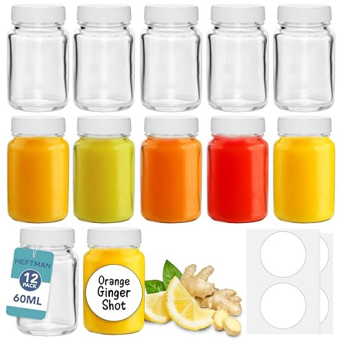HEFTMAN Glass Shot Bottles with Lids - 12 Pack 60ml Empty Mini Bottles for Ginger Shots with Cleaning Brush & Labels - Reusable, Clear, Airtight - Ideal for Juice, Oils, Sauces, Medicine