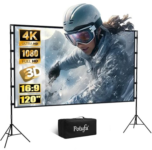 Potufa Projector Screen with Tripod, 120 Inch 16:9 HD Projector Screen with Carry Pack, Outdoor Indoor Quick Folding Portable for Camping, Home Cinema, Office, School, Presentation