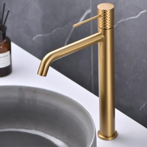 IMEX - Robinet Haut Lavabo Doré | Robinet Salle de Bain Mitigeur Eau Froide et Chaude | Robinetterie Monocommande Effet Cascade avec Bec en Laiton et Économie D'Eau | Série Gênes | Couleur Or Brossé