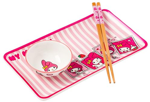 Silver Buffalo Sanrio Hello Kitty and Friends My Melody 3 Piece Boxed Ceramic Sushi Set, Includes Chopsticks, Plate, and Dipping Sauce Dish