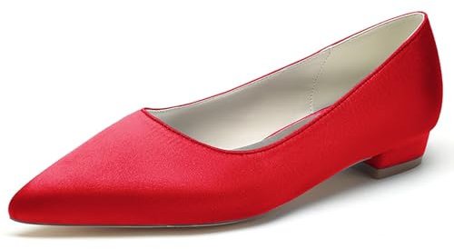 LRMYMHY Women's Pointed Toe Satin Wedding Dress Shoes Slip on Bridal Ballet Flats Evening Prom Party Pumps,Red,10 UK